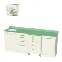 Astra Focus furniture with glass countertop, stainless steel sink and dispenser