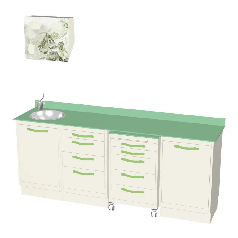 Mobilier Astra Focus avec comptoir en verre, évier en inox et dispenser Mobilier Astra Focus avec comptoir en verre, évier en inox et dispenser