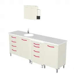 Focus furniture with melamine countertop, enameled sink and dispenser