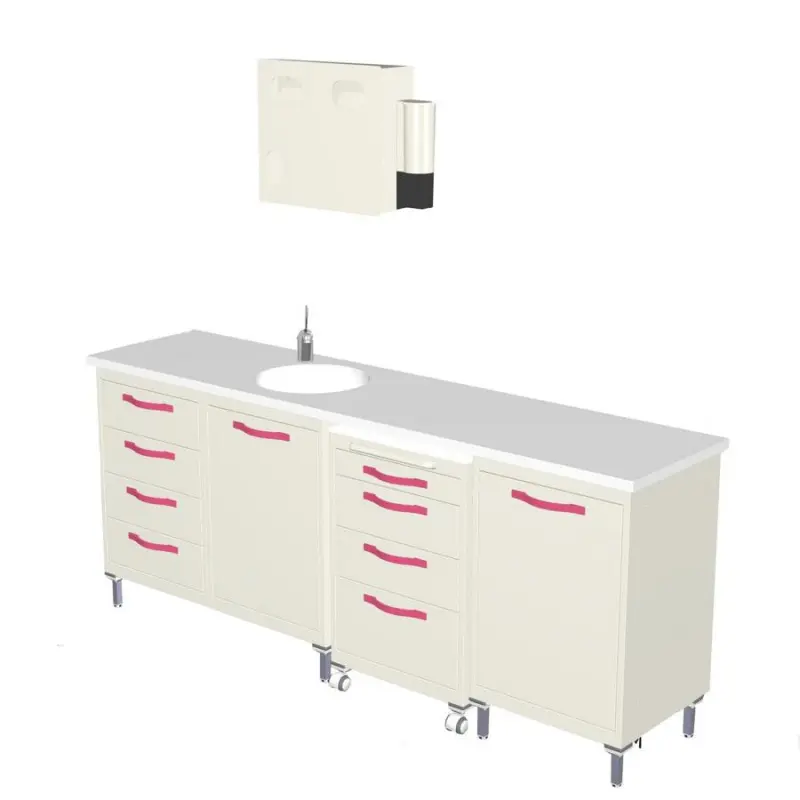 Focus furniture with melamine countertop, enameled sink and dispenser Focus furniture with melamine countertop, enameled sink and dispenser